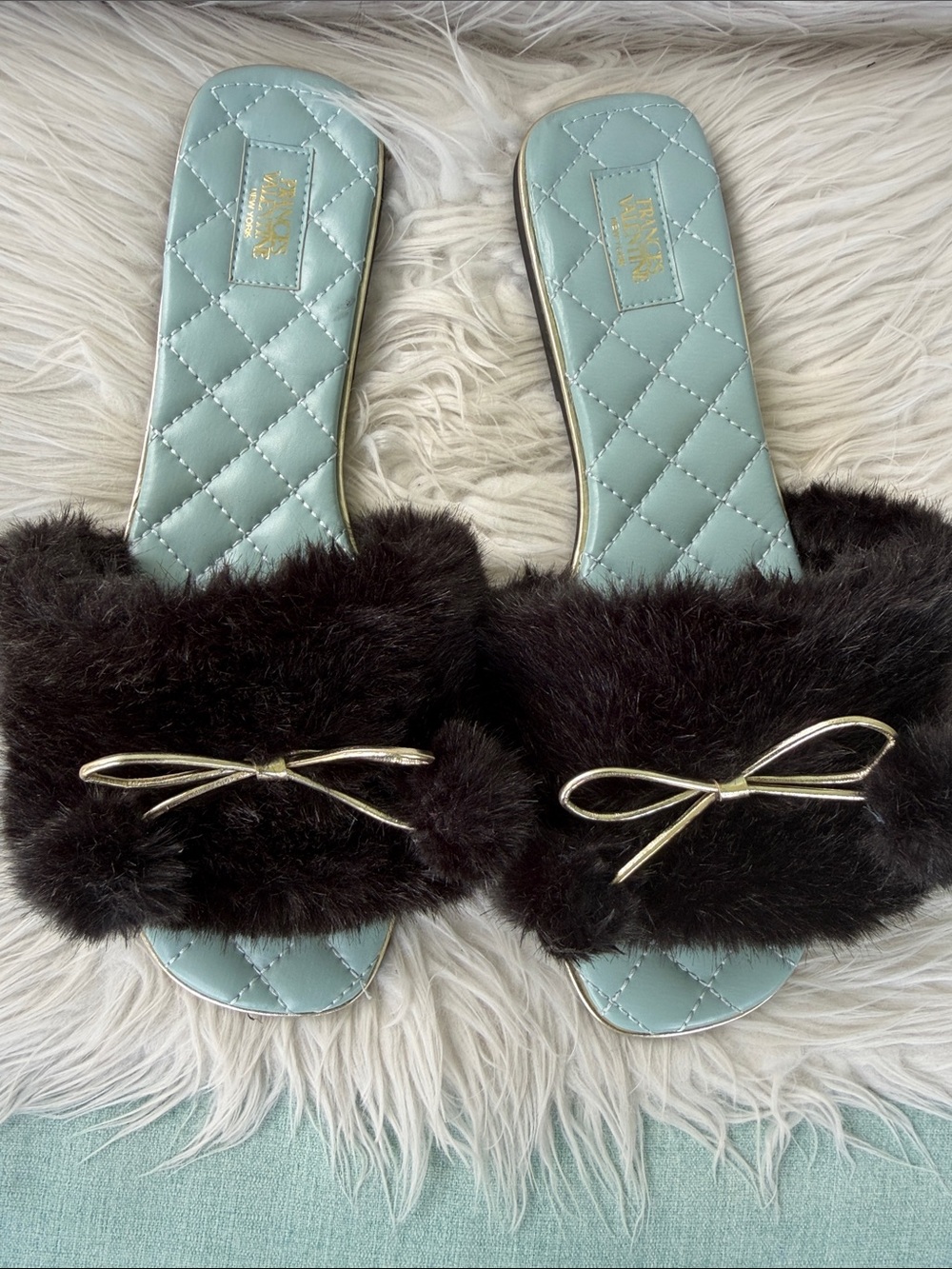 Frances Valentine Black Fur Bow Slide Sandals with Quilted Light Blue Insole